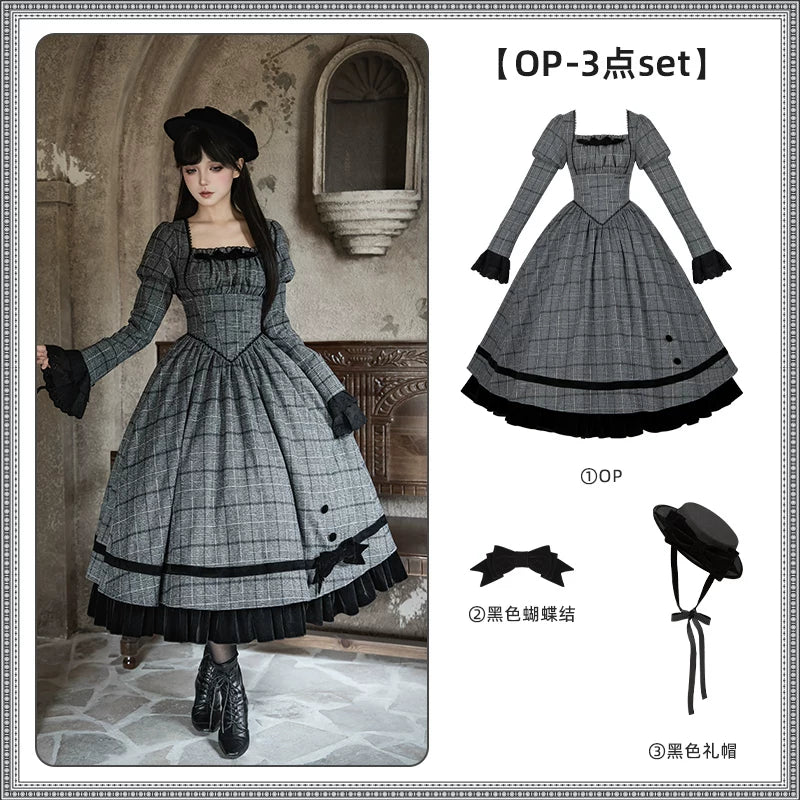 With PUJI - Yesterday's Epistle - Winter Classic Lolita Plaid Dress Set, Fishbone Waist detail view 11