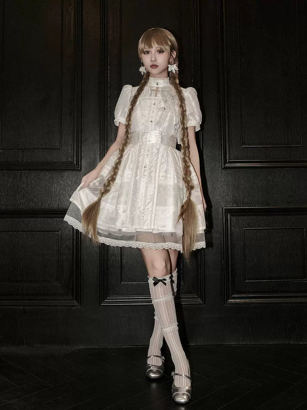 Sweetheart Dream Machine - Cross Lace - Gothic OP Dress with a Stand Collar