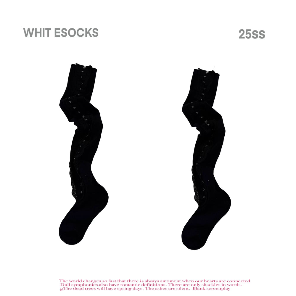 Over-the-knee socks with vertical lace trim and front button detail