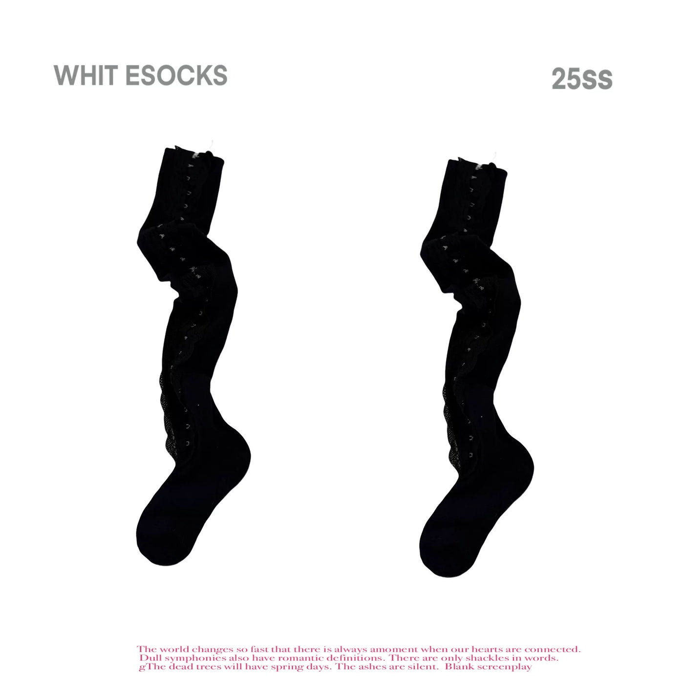 Over-the-knee socks with vertical lace trim and front button detail