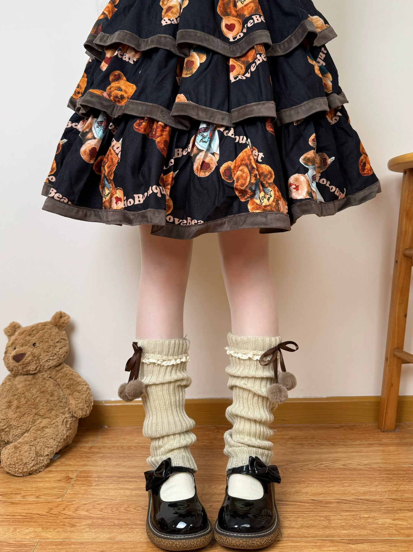 Chubby Bear Tales - Ribbon Knit - Scrunched Knit Leg-Warmer Socks with Ribbon Ties