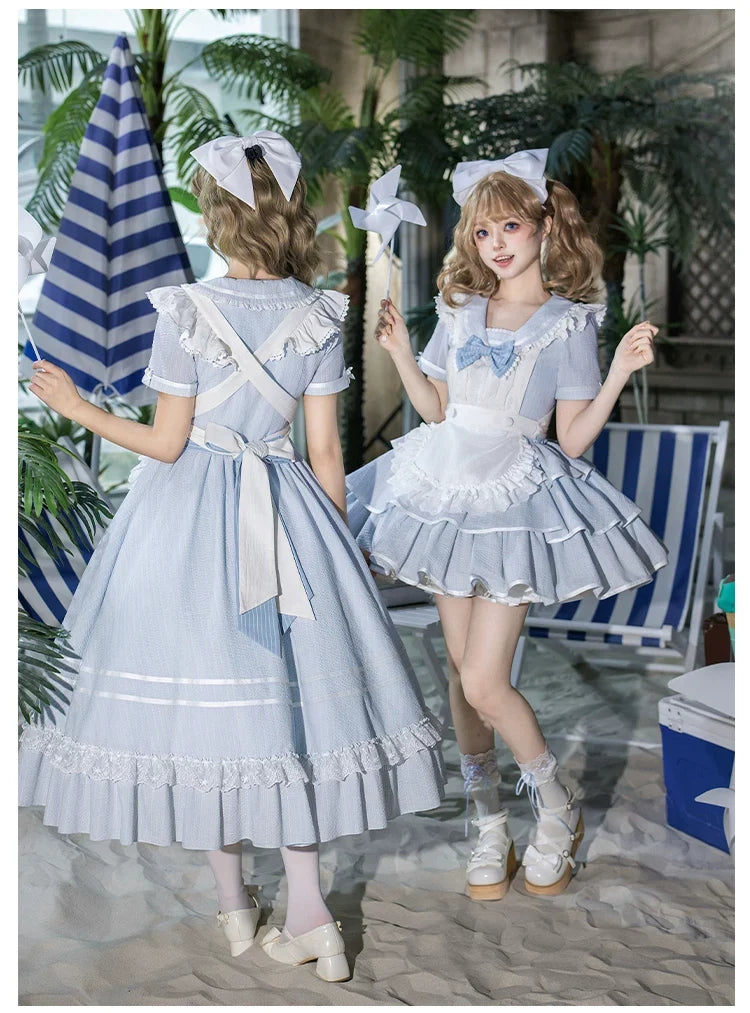 With PUJI - Seven-Day Bell - Blue Classic Lolita Striped OP Dress, Sailor Collar