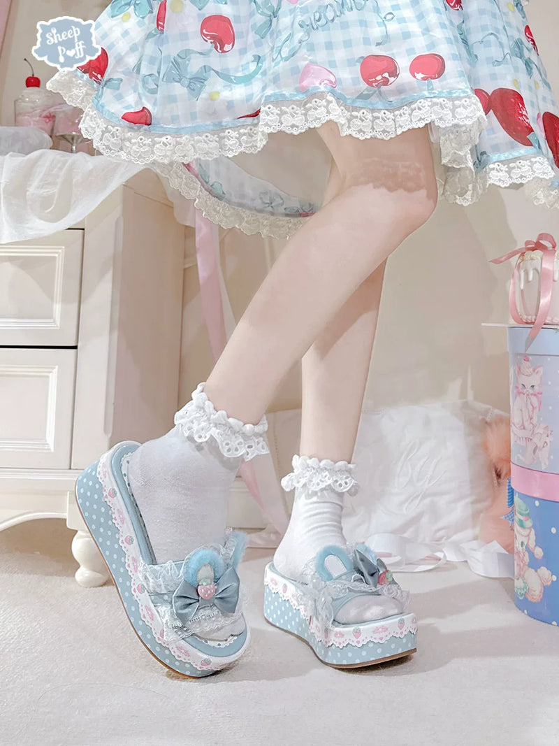 Sheep Puff Strawberry Bunny Platform Lolita Shoes with pastel pink and white design, featuring bunny and strawberry accents.