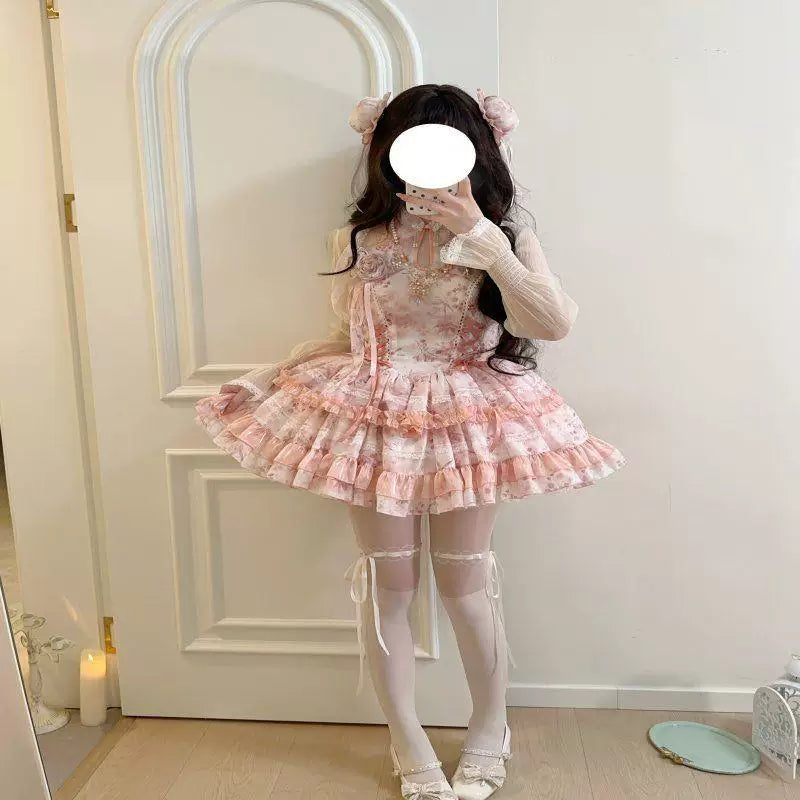 Sweetheart Dream Machine - Peach Moon Bamboo - Chinese-Inspired Halter Dress with Layered Ruffles