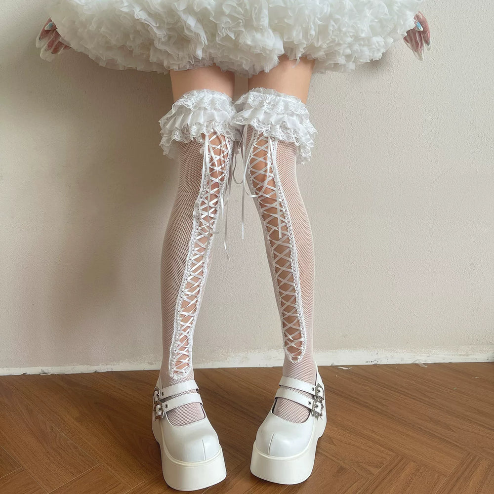 White over-the-knee Lolita sock with lace trim and ballet straps