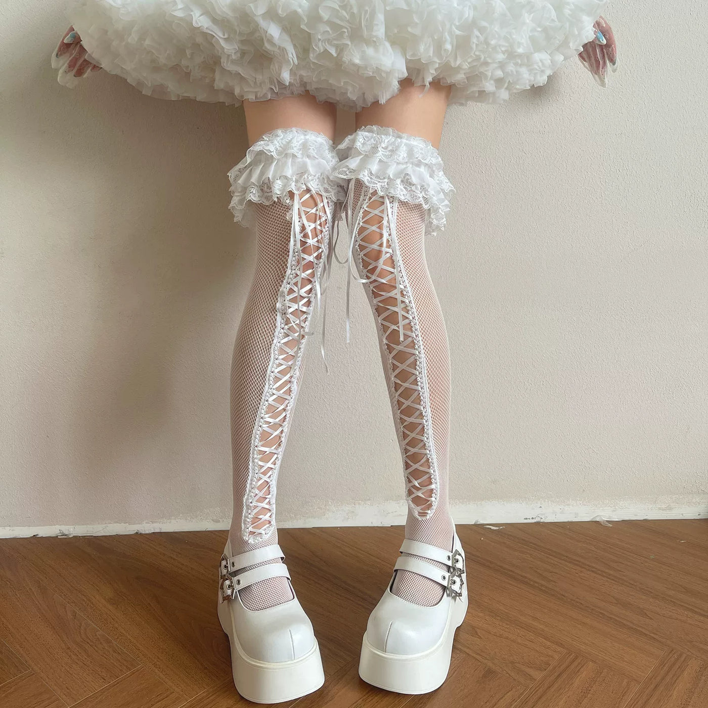 White over-the-knee Lolita sock with lace trim and ballet straps