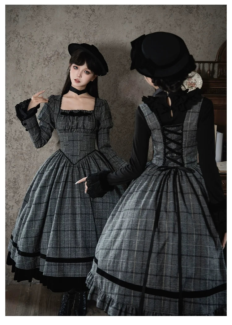 With PUJI - Yesterday's Epistle - Winter Classic Lolita Plaid Dress Set, Fishbone Waist