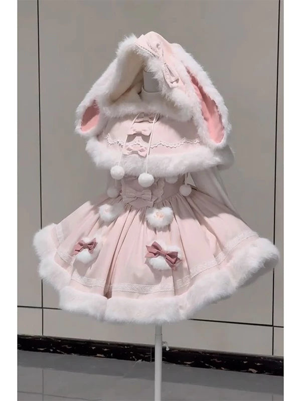 Creamy - Bunny-Ear Princess - Pink Lolita Fashion Set with a Bunny-Ear Hooded Coat