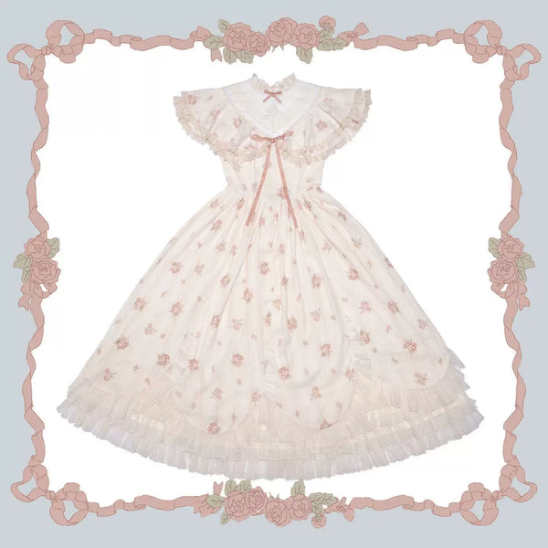 Pale floral short-sleeve OP dress with an Edward collar and layered ruffle trim.