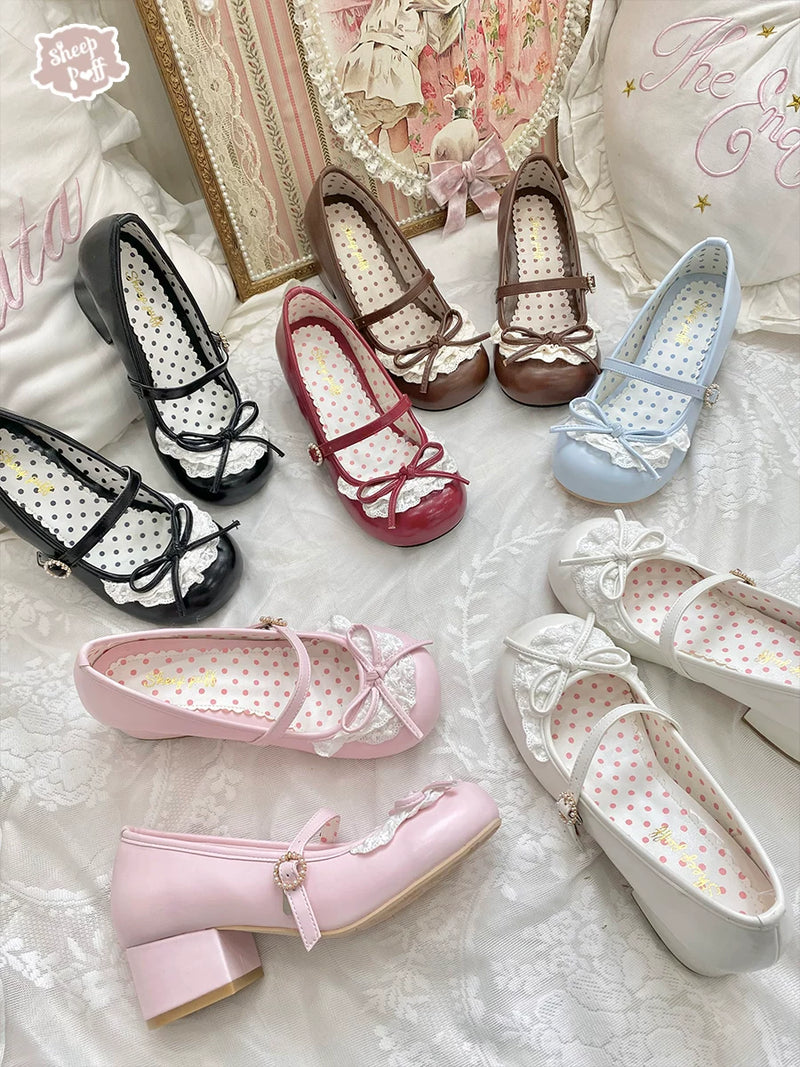 Sheep Puff Little Leila mid heel Lolita shoes with pastel pink bows and lace detailing, perfect for cute, elegant fashion.