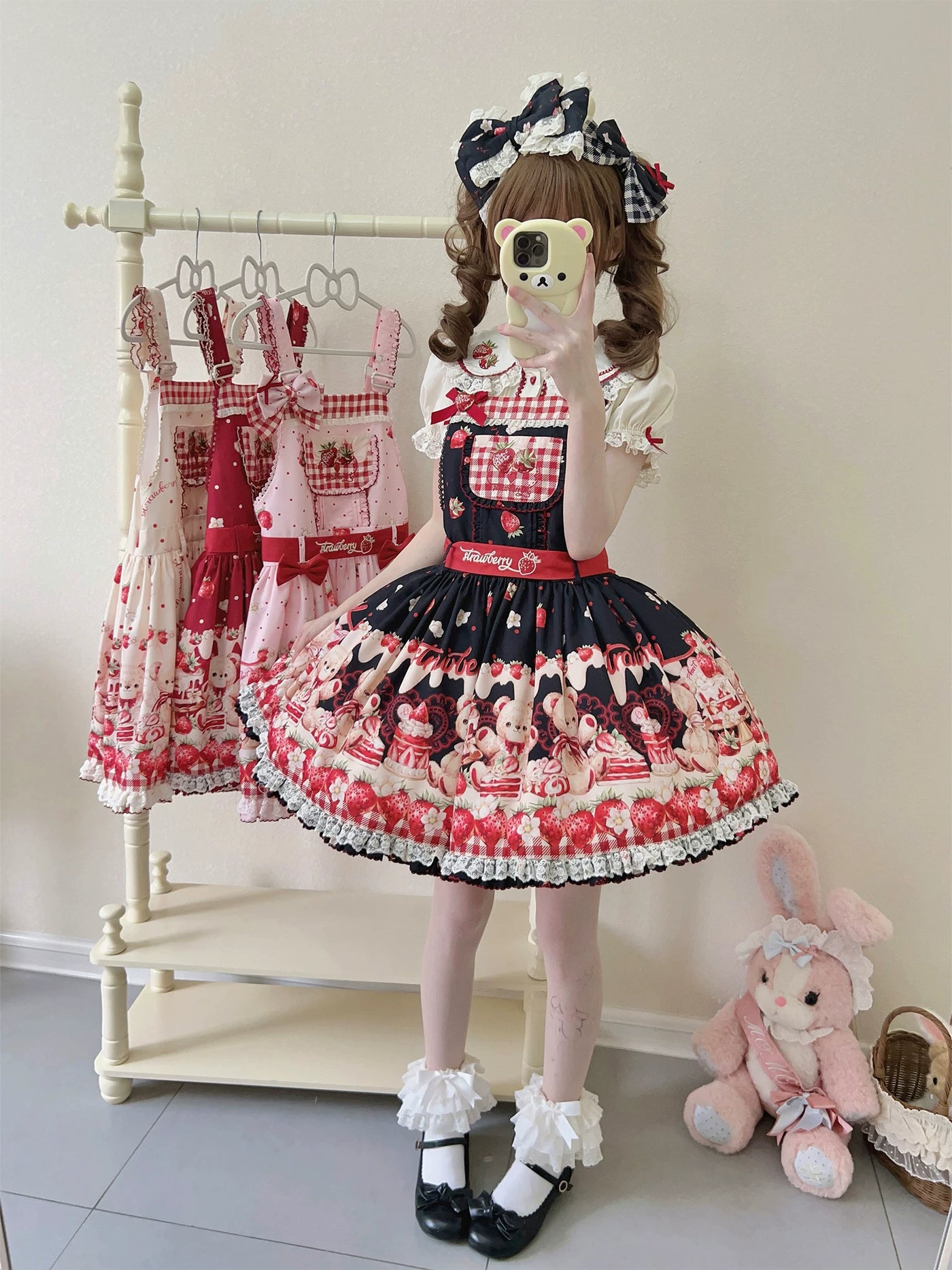 Velvet Strawberry - Sweet Printed Pinafore JSK Dress Set - detail view 3