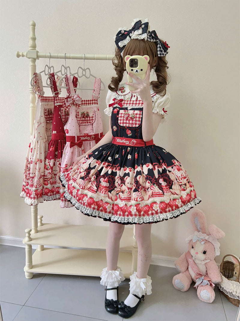 DreamWhale - Velvet Strawberry - Sweet Printed Pinafore JSK Dress Set - detail view 3