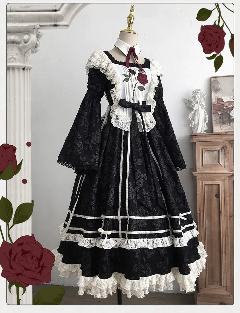 Baozi Pig - Rose Choir - Gothic Lolita OP Dress with Rose Embroidery