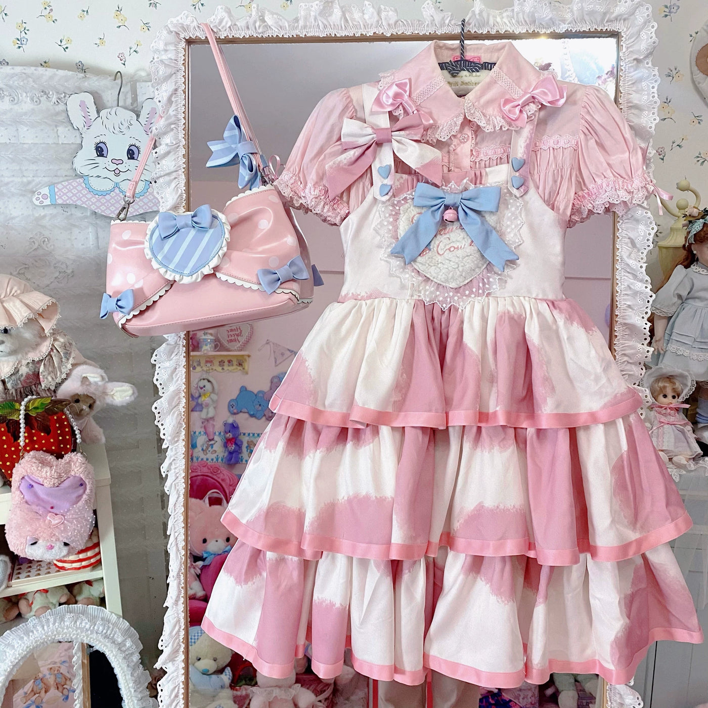 Tata Long Ear - Milk Cake Cow Print - Cow-Print JSK Dress with Three-Section Skirt