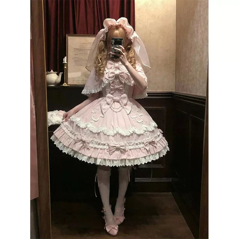Creamy - Vintage Pink - JSK suspender dress set with a cape and bow