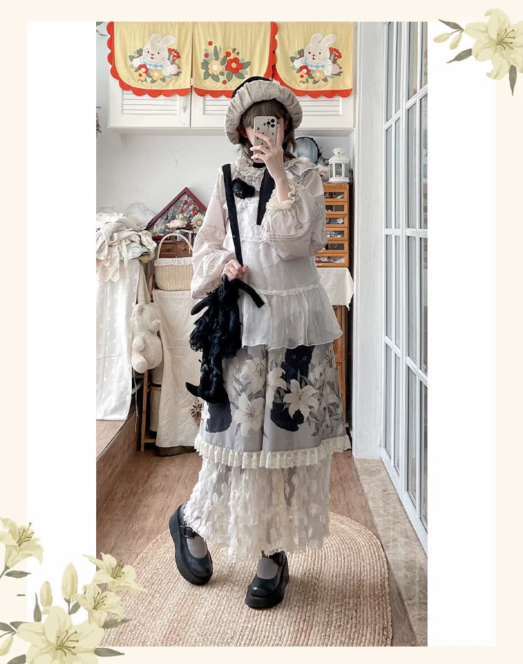 GZYRZ - Black Cat and Lily - Lolita fashion set with black cat and lily motifs