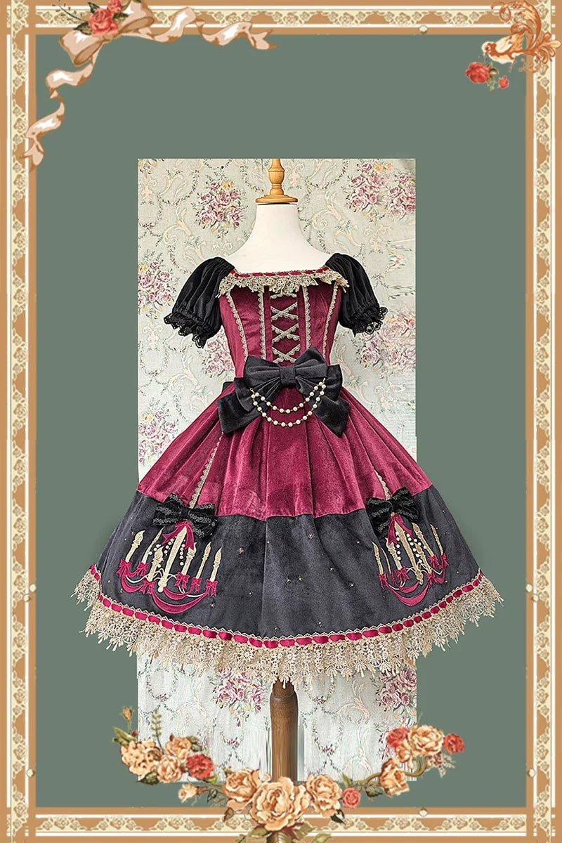 Chandelier - Old School Lolita OP Dress, Polka Dot, Chandelier Print Burgundy - Velvet Version S