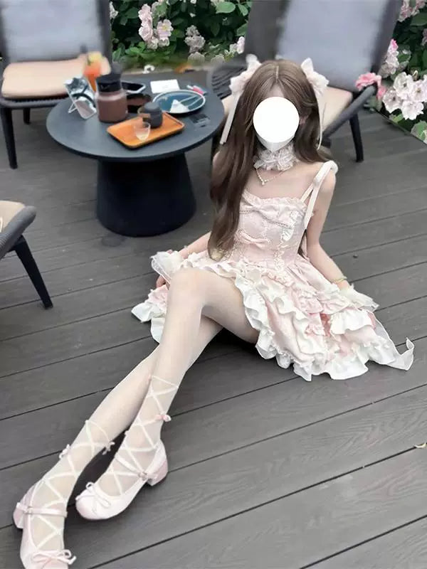 Creamy - Pink Gothic Frill - Pink JSK Dress with Layered Ruffles