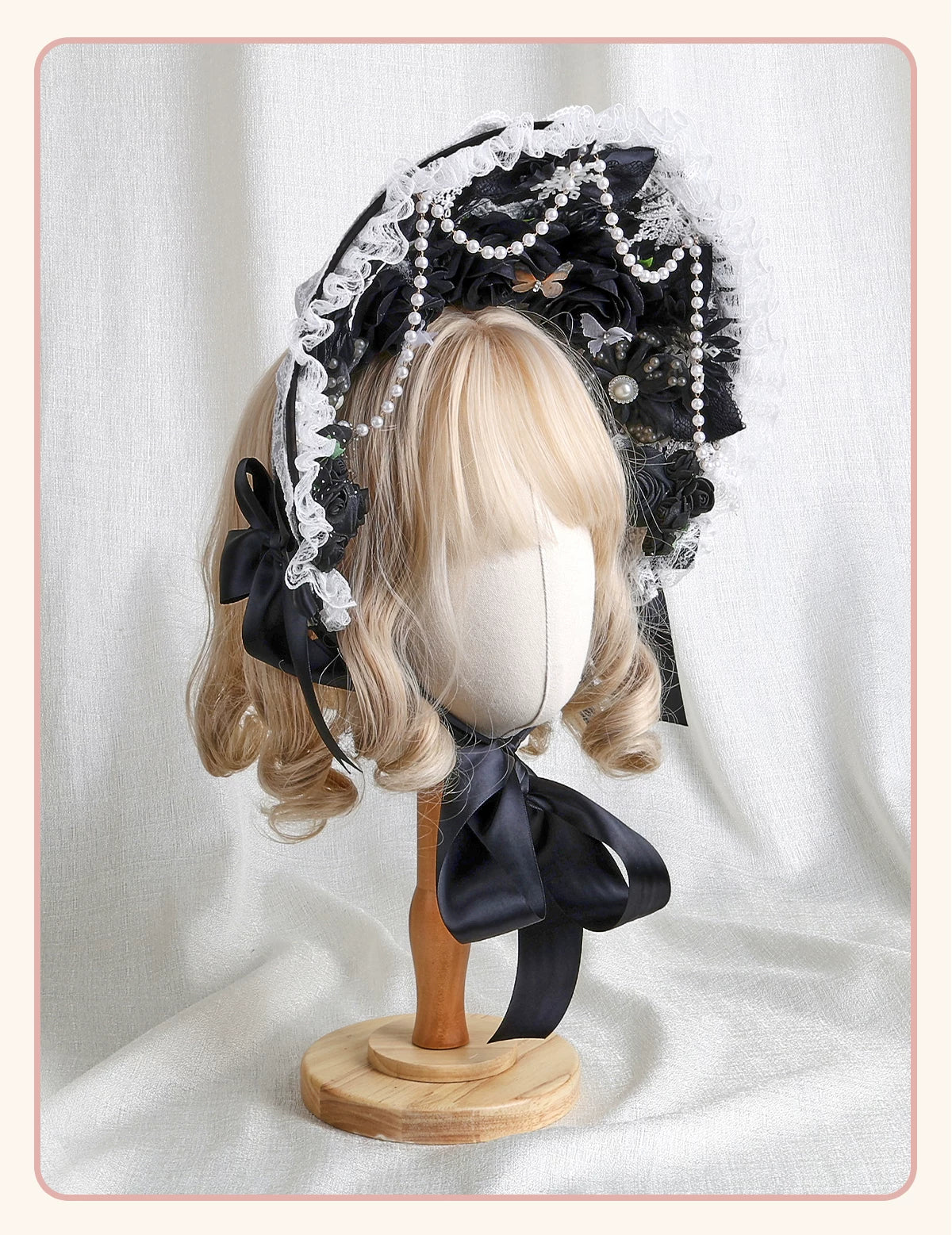 Stardust Rose - Autumn-Winter Dream - Lace-Trimmed Flat Hat with Ribbon Bows