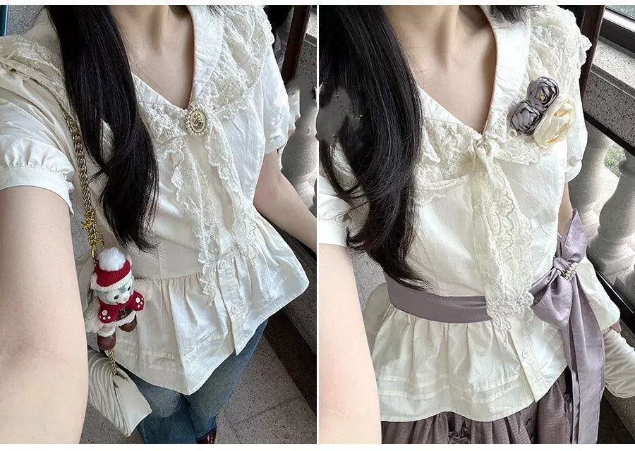 Sweetheart Dream Machine - Palila - Short-Sleeve Blouse with a Broad Lace Collar