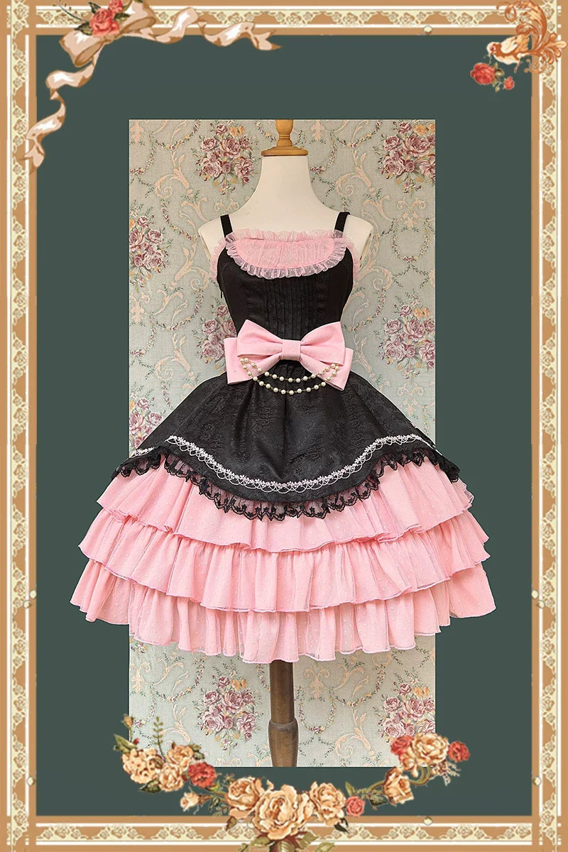 Pearl Box - Classic Lolita JSK, Bustle Back Hem Black and Pink JSK S