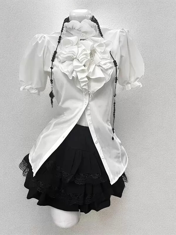 Creamy - Retro Artistry - Three-Piece Set with Blouse, Short Skirt and Vest