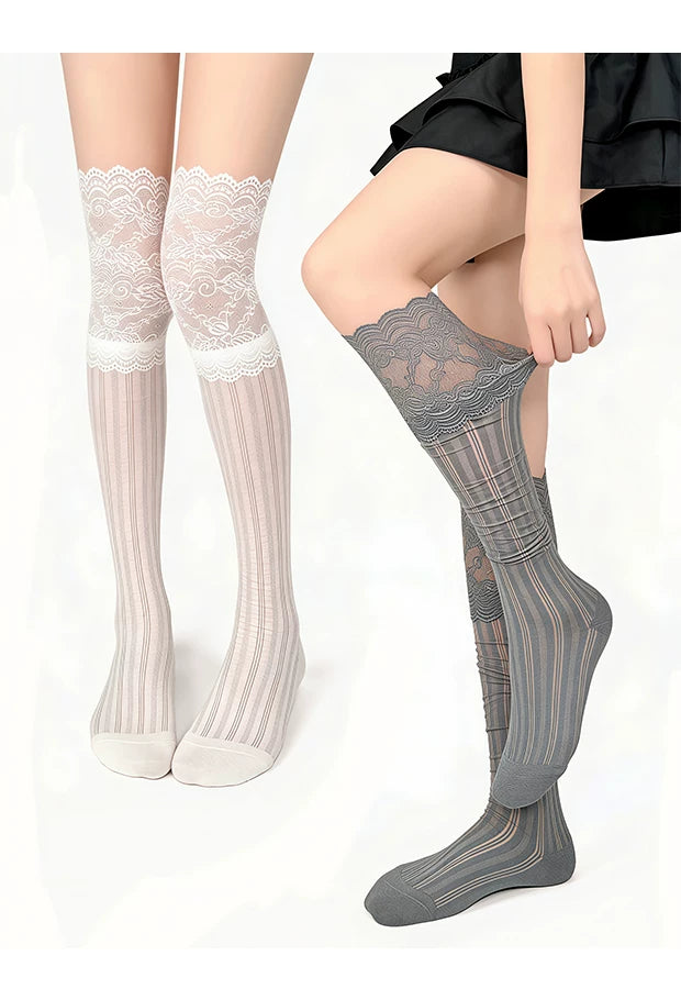 White Socks - French Ballet - Cotton Mid-Calf Socks with Vertical Texture and Lace Cuffs