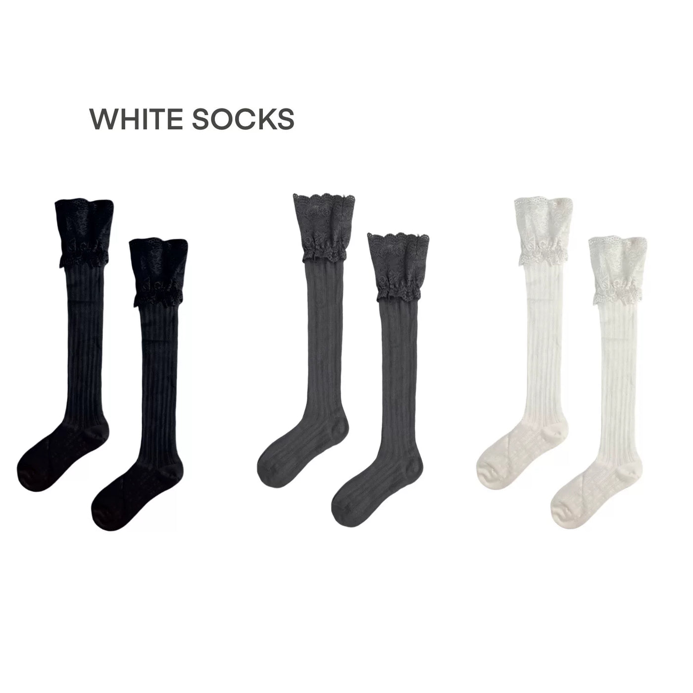 White Socks - Lace Stripe - Knee-High Socks with Wide Lace Cuffs
