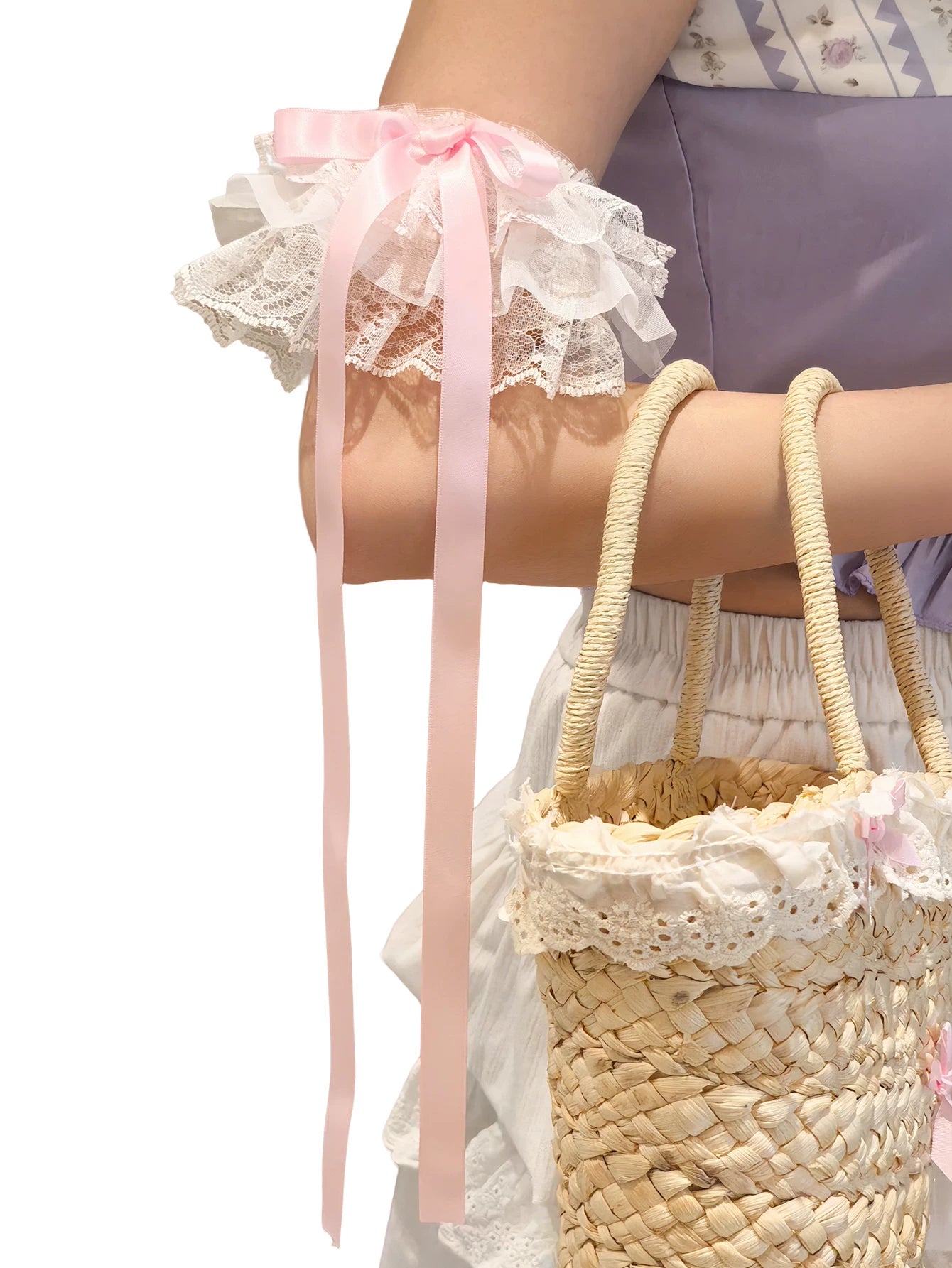 Fantasy Doll - Three-Layer Lace - White or Pink Arm Warmers with Long Ribbon Bows