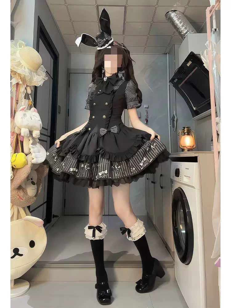 Sweetheart Dream Machine - Noir Stripe - JSK with a waist-cinching suspender skirt