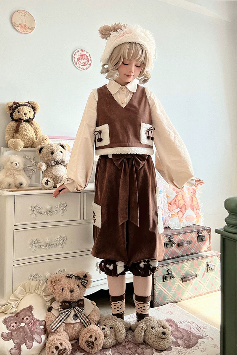 Baozi Pig - Milk Can Can - Brown-and-Cream Outfit Set with Bear Patches