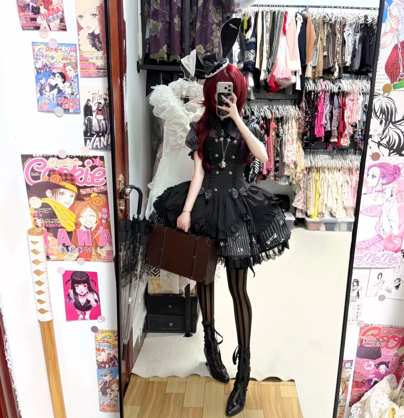 Creamy - Dark Gothic Stripe - JSK set with striped puff sleeves