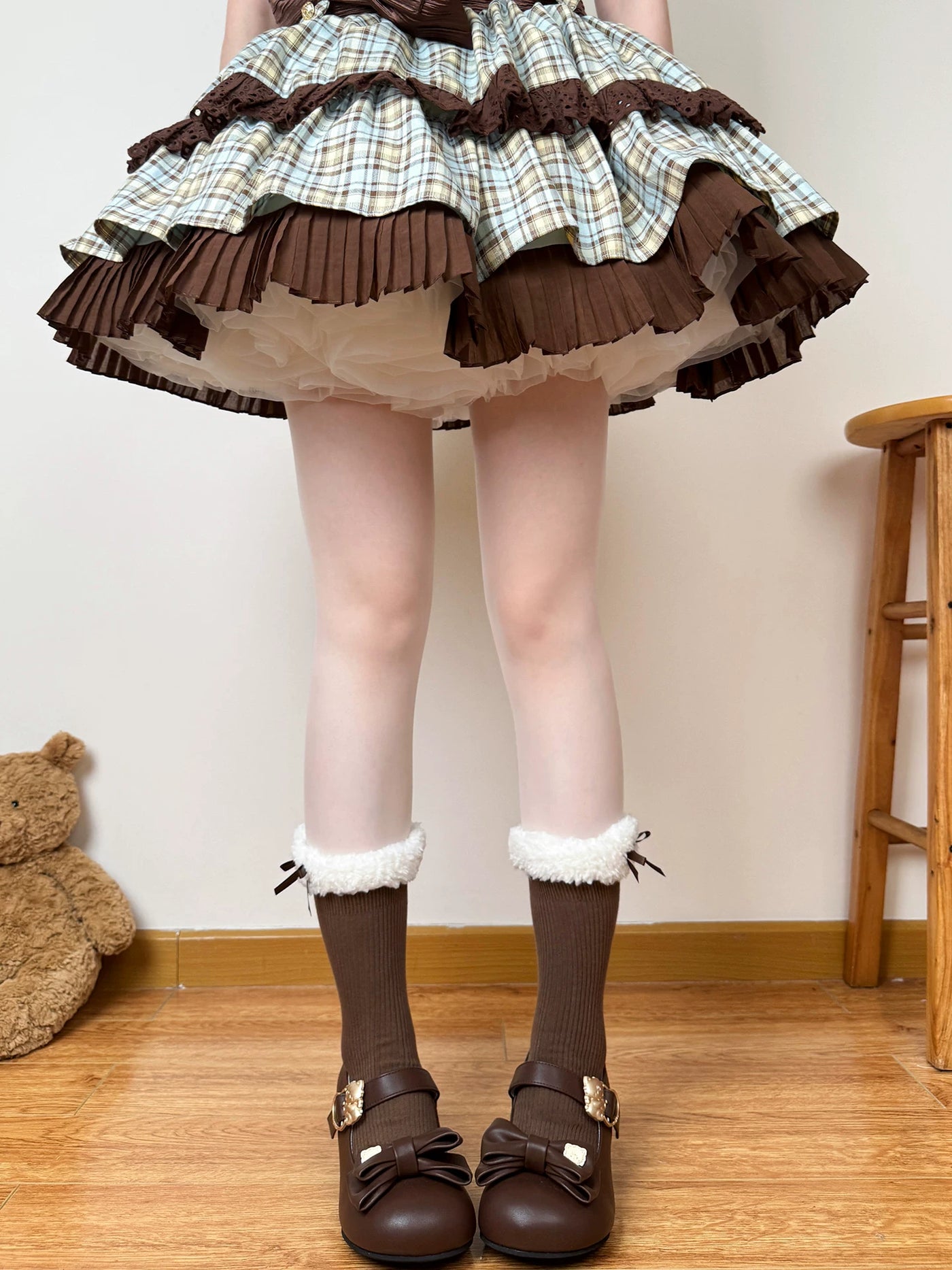 Chubby Bear Tales - Fuzzy Bow Cuff - Plush Mid-Calf Slouch Socks with Ribbon Ties