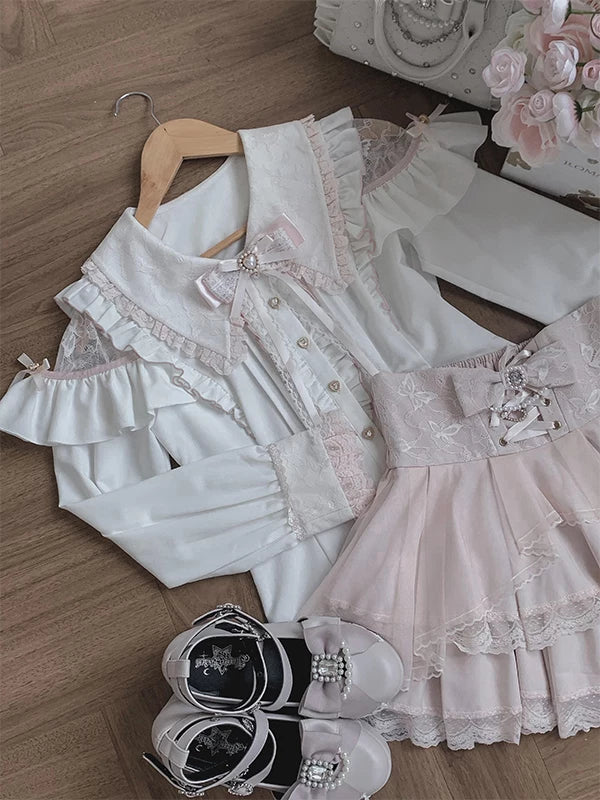 Creamy - Elegant Lady - Lace-Trimmed White Blouse and Pink Skirt Set