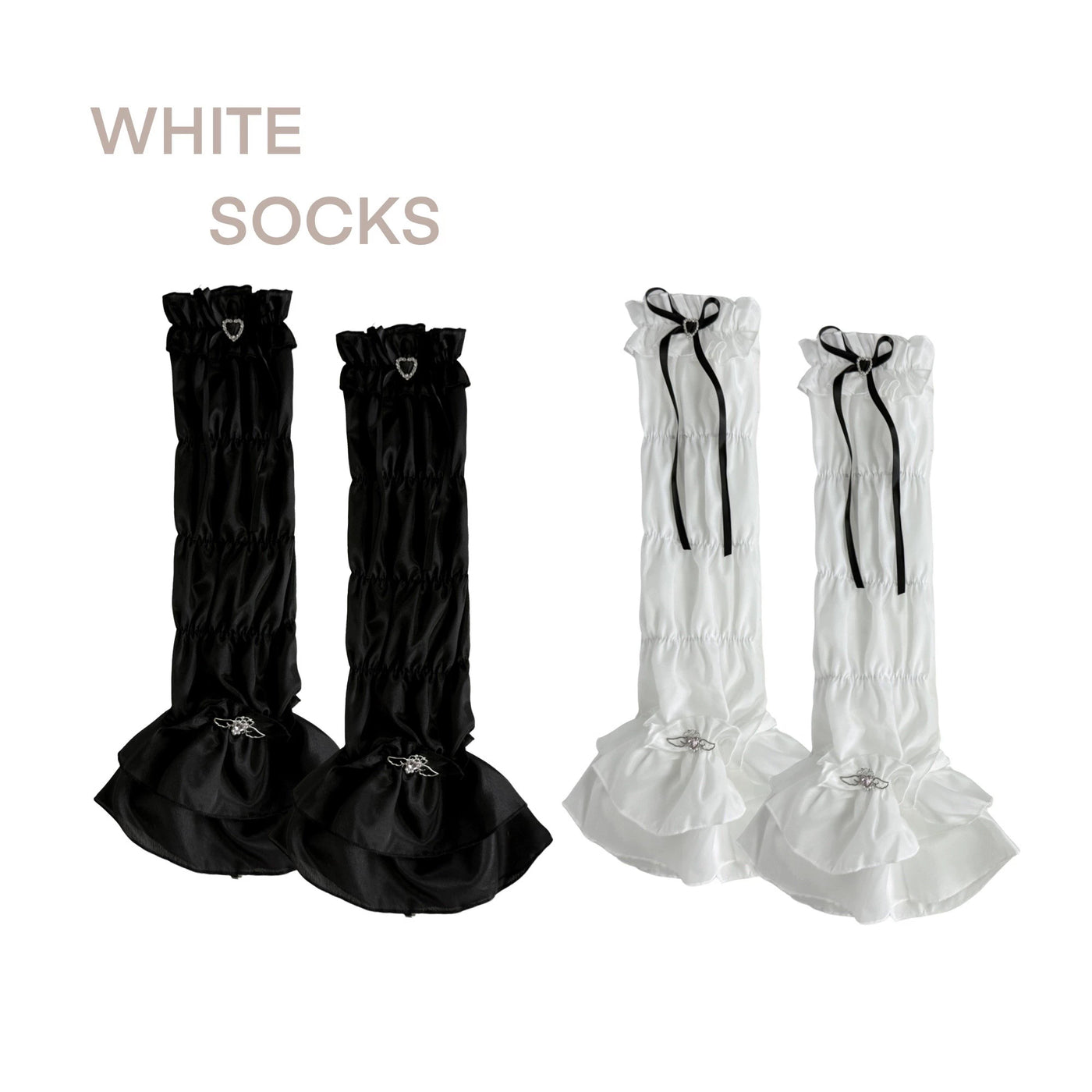 White Socks - Ballet Ruffle - Layered Ruffle Calf Sock Covers with Ribbon Ties