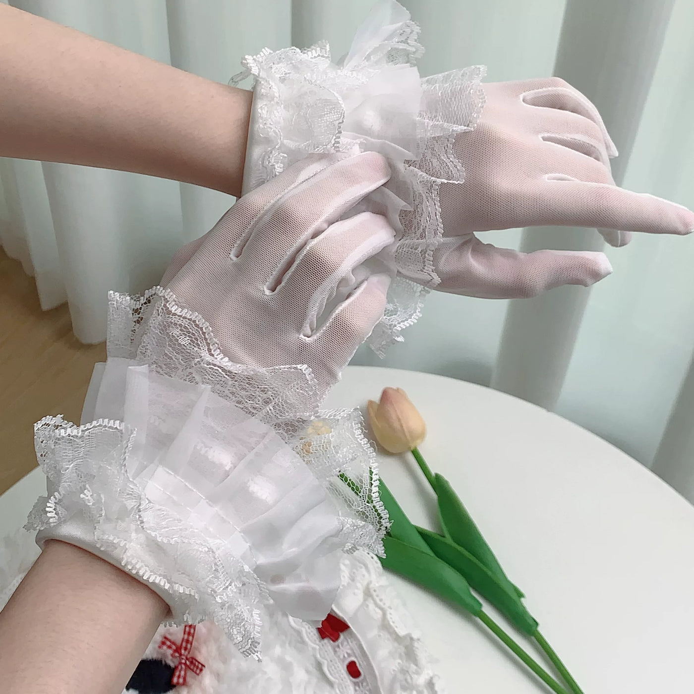 Fantasy Doll - French Lace - Short Gloves with Lace-Trimmed Ruffle Cuffs