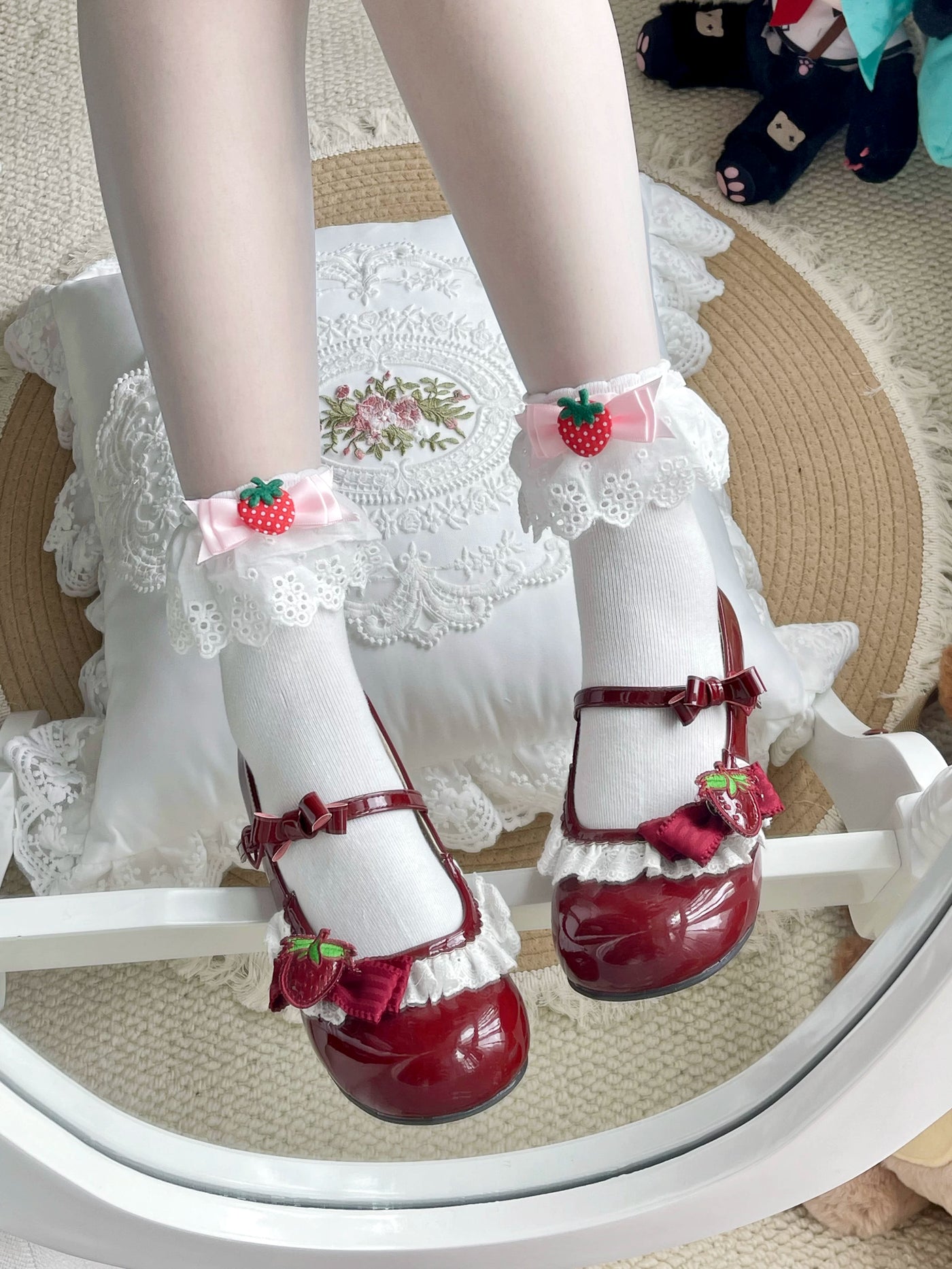 Fantasy Doll - Strawberry Bow - Mid-Calf Socks with Strawberry Motifs and Lace Trim