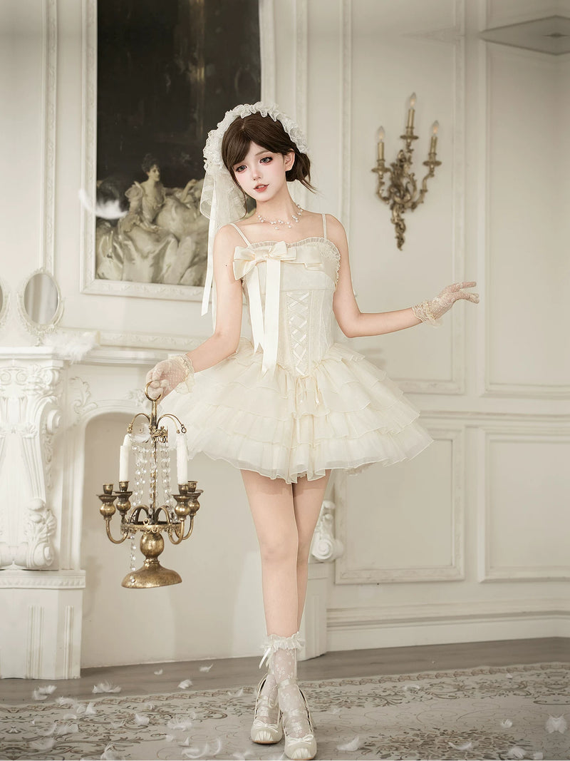 With PUJI - MistKiss Lily - Classic Lolita Tiered Hem JSK Dress, Fishbone Waist detail view 4