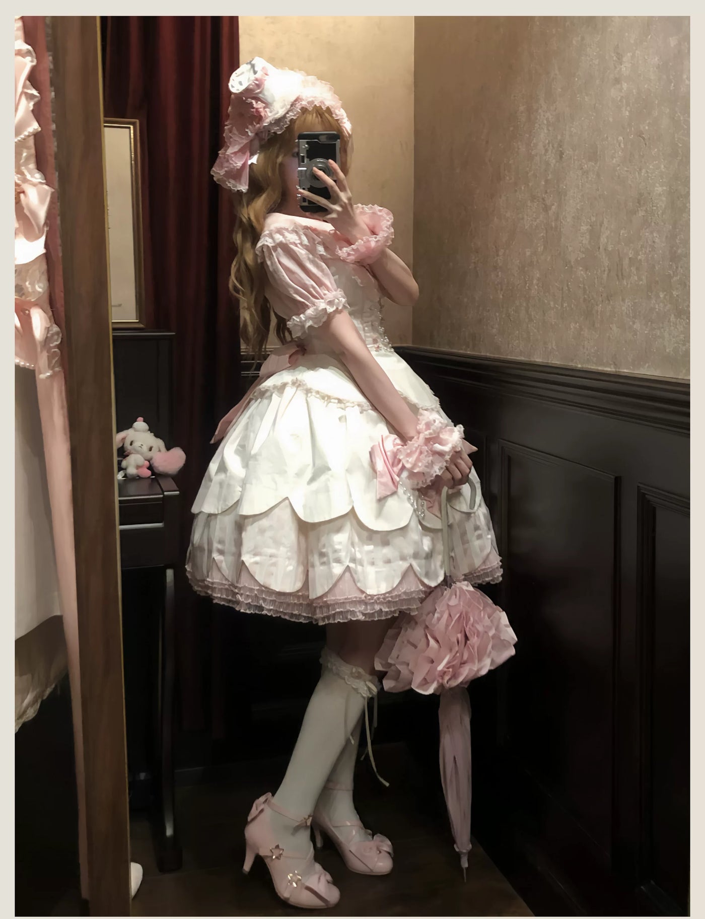 Tata Long Ear - Pearl Princess - White-and-Pink JSK Dress with Pearl Details and Scalloped Layers