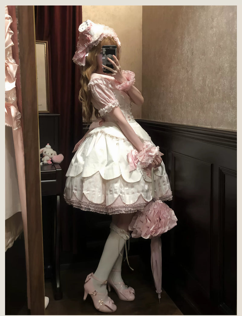 Tata Long Ear - Pearl Princess - White-and-Pink JSK Dress with Pearl Details and Scalloped Layers