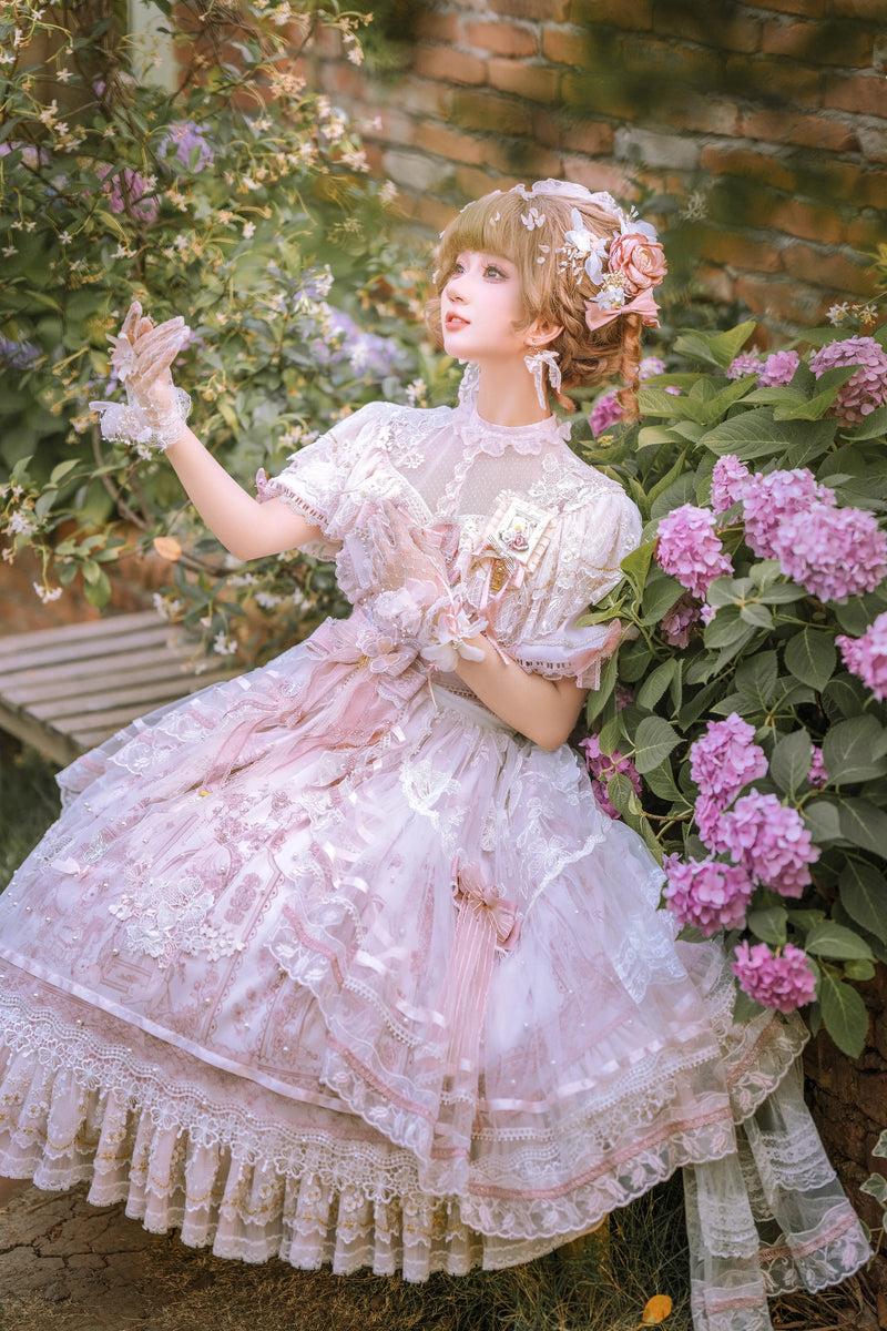 Two Country Cats - Sunset Realm - Light Pink Natural-Waist Lolita Dress Complete Set with Layered Lace Trim
