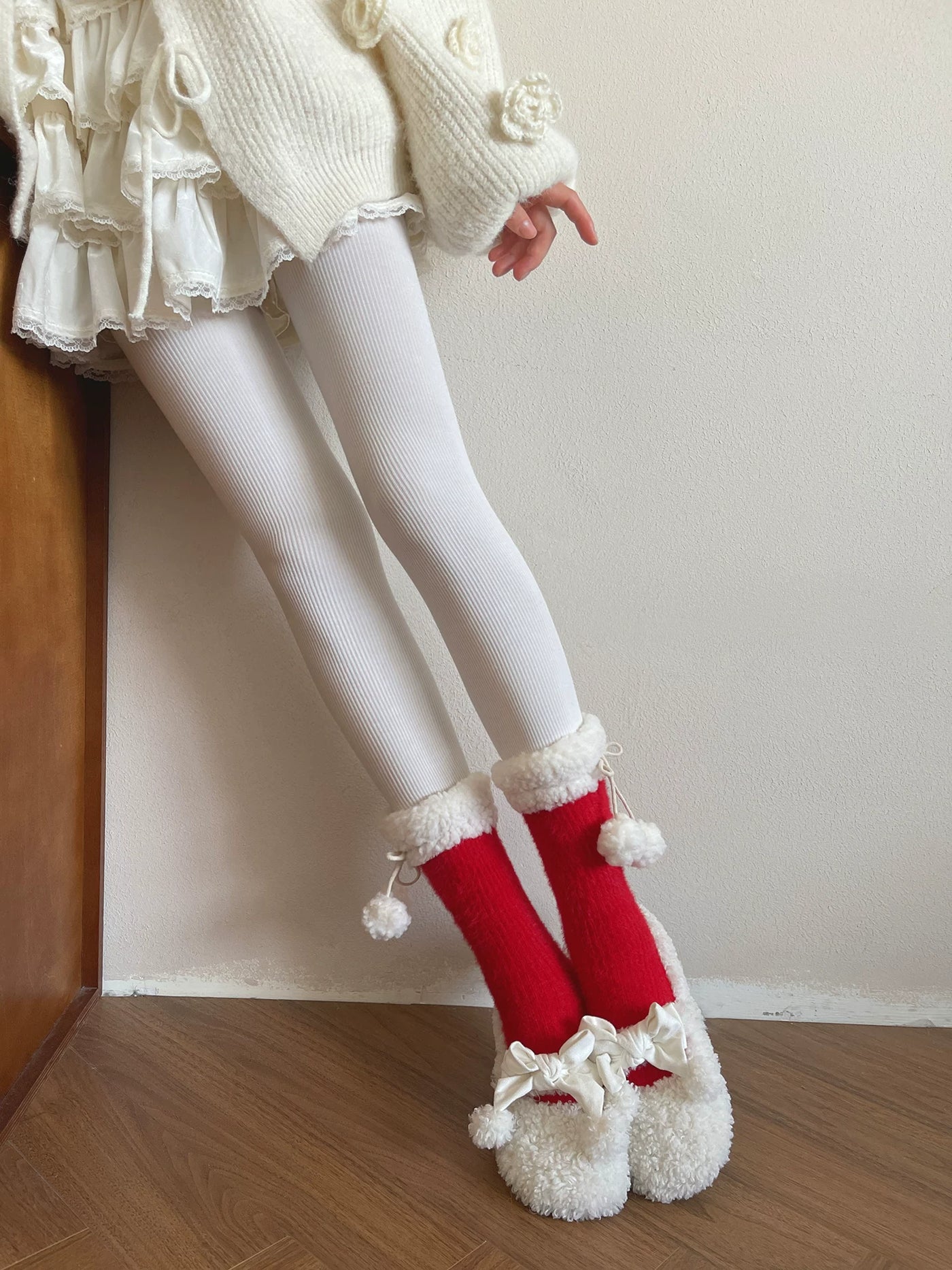 Sock Noble - Winter Pom-Pom - Plush-Trim Slouch Socks with Pom-Pom Ties