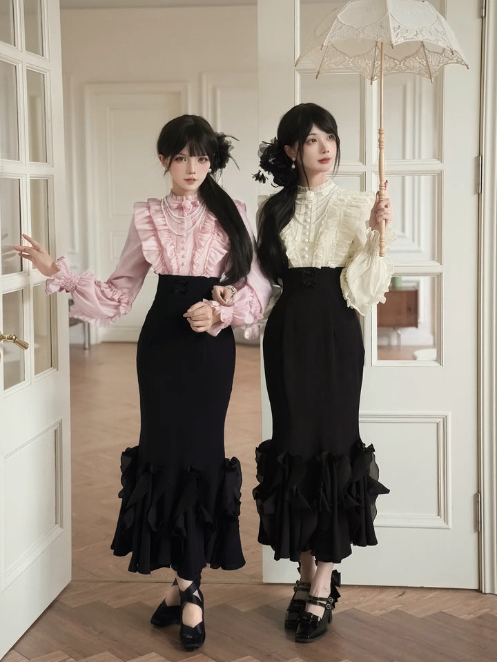 With PUJI - Miss Laura: Long-sleeve Mermaid - Lolita OP Dress, Ruffle Trim