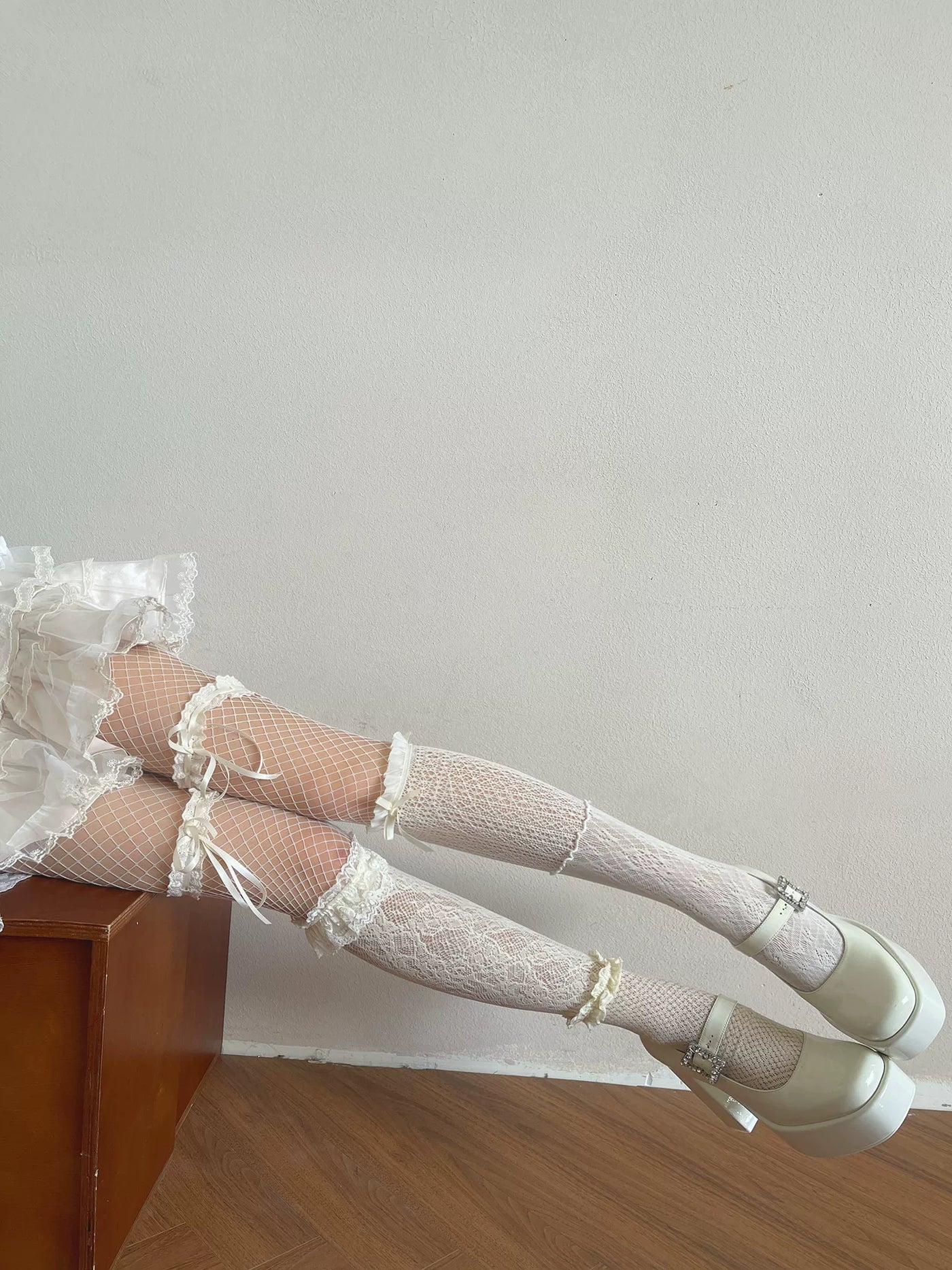 Sock Noble - Cream Lace Patchwork - Mid-Calf Layered Hosiery with Lace, Bow and Fishnet Details