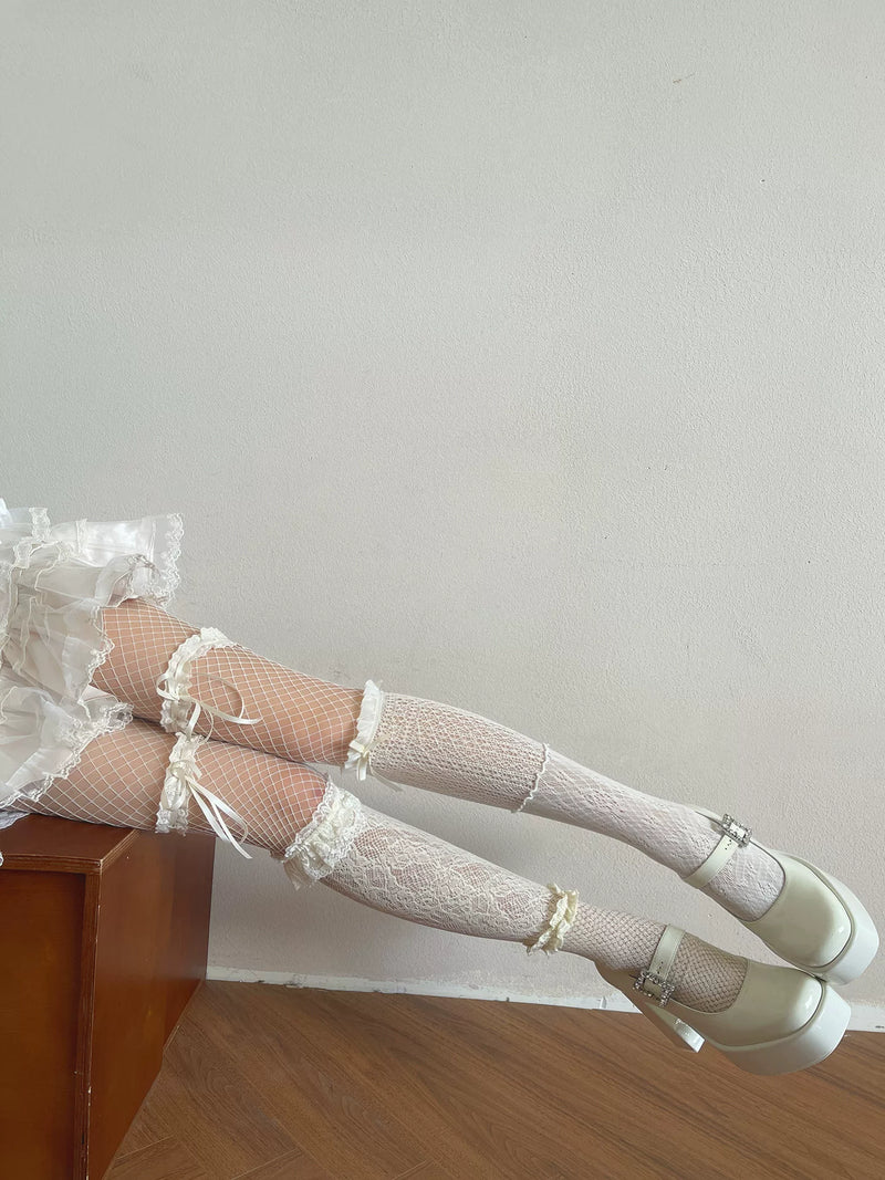 Sock Noble - Cream Lace Patchwork - Mid-Calf Layered Hosiery with Lace, Bow and Fishnet Details