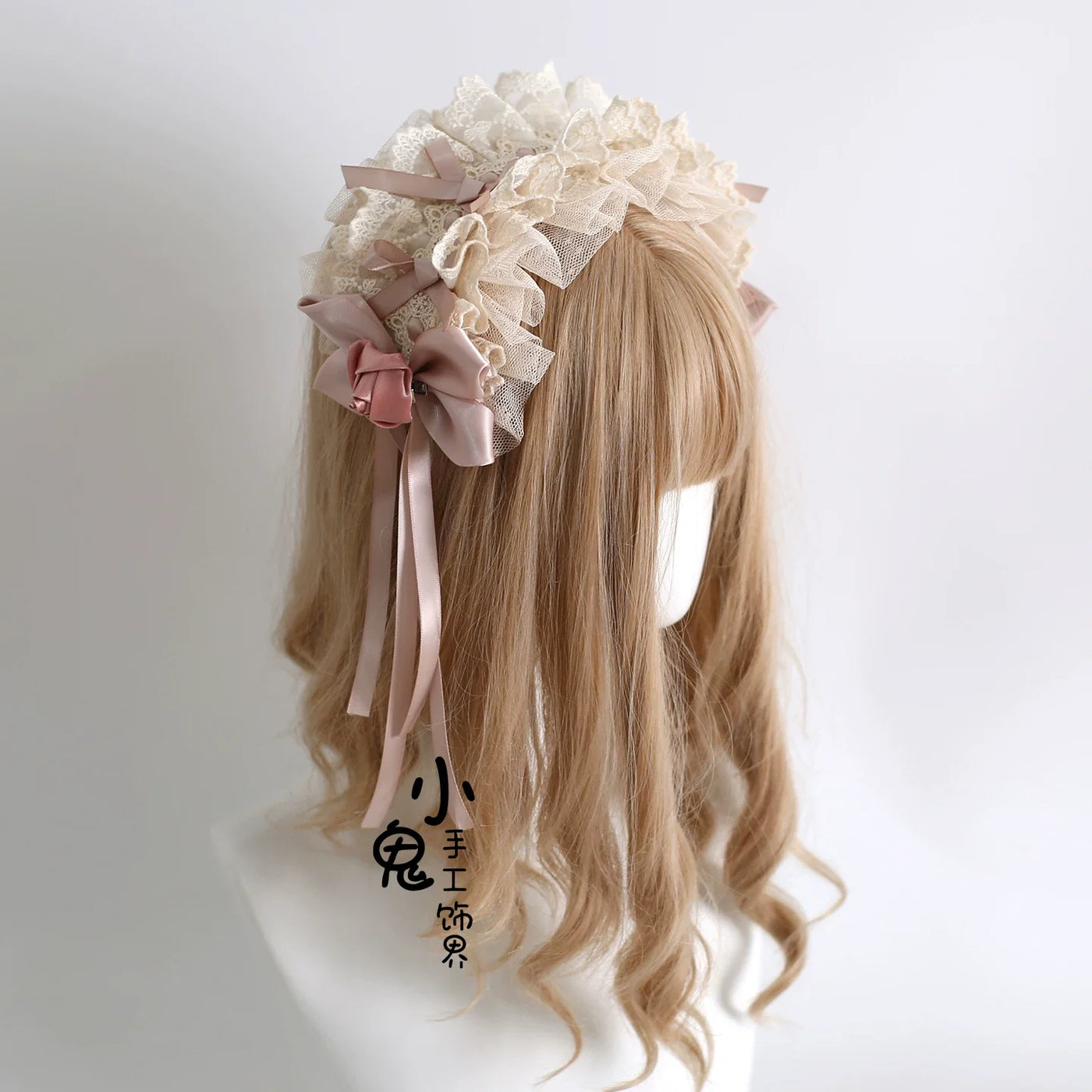 Elegant Champagne Lolita Headdress, Floral & Bows Floral Bud KC Only