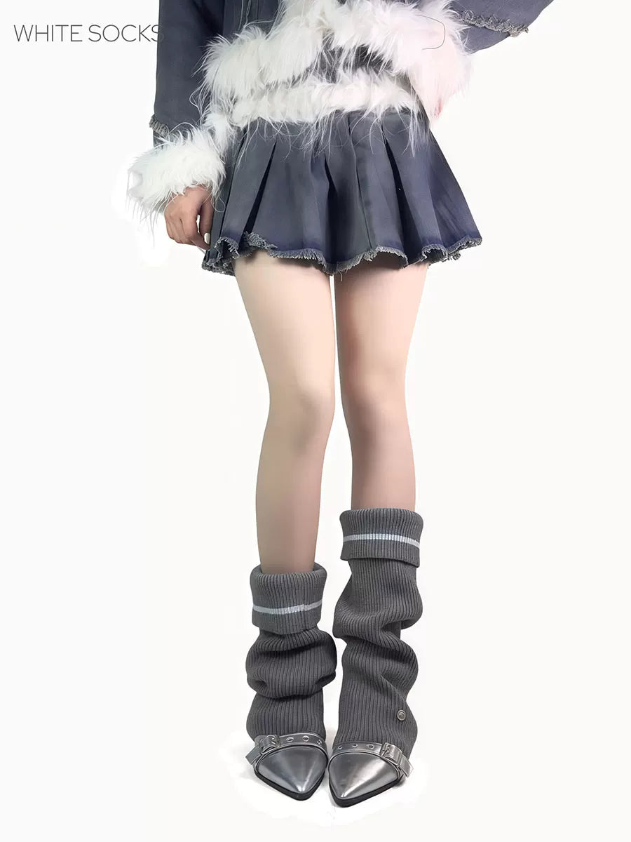 White Socks - Metal Buckle Slouch - Socks with a scrunched leg-warmer shape and metal buckle detail