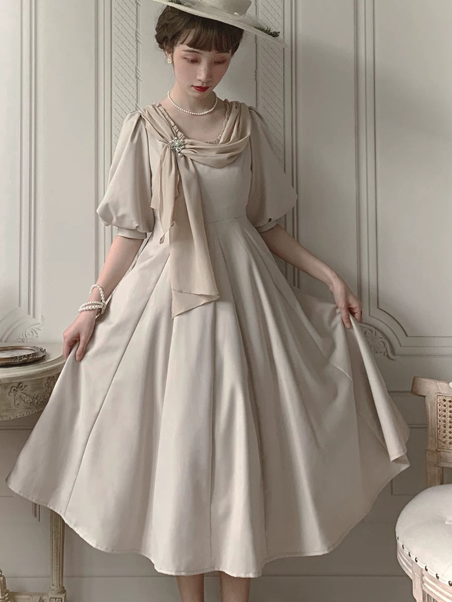Baozi Pig - Miss Marina - French Vintage Long Dress with Short Puff Sleeves