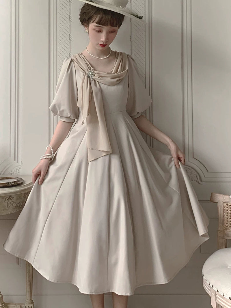 Baozi Pig - Miss Marina - French Vintage Long Dress with Short Puff Sleeves