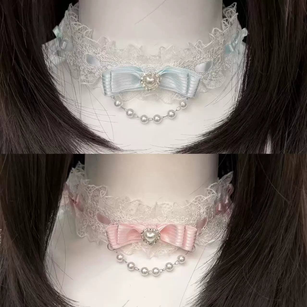 Creamy - Butterfly Pearl - Lace Choker Necklace with Bow Detail